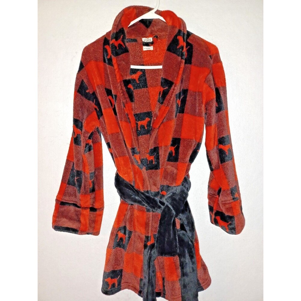 Victoria Secret PINK Bath Robe RED PLAID Fleece Plush XS S women's Cozy dog